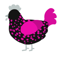 A black and fuchsia chicken with a speckle pattern