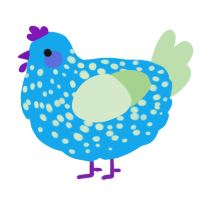 A sky and gluppy chicken with a speckle pattern