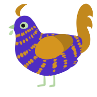 A indigo and ochre chicken with a bar pattern