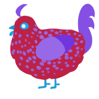 A crimson and blurple chicken with a speckle pattern