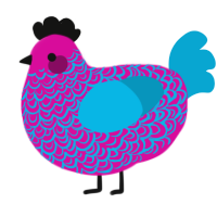 A fuchsia and cerulean chicken with a double-lace pattern