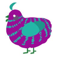 A plum and turquoise chicken with a bar pattern