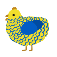 A yellow and ultramarine chicken with a lace pattern
