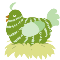 A chartreuse and gluppy chicken with a bar pattern