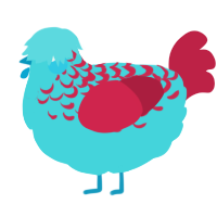 A aqua and crimson chicken with a half-lace pattern