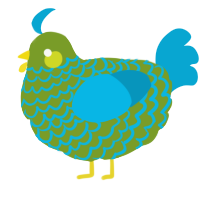 A chartreuse and cerulean chicken with a lace pattern