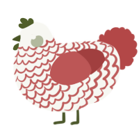 A white and red chicken with a lace pattern
