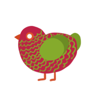 Noelle, a crimson and chartreuse chicken with a speckle pattern