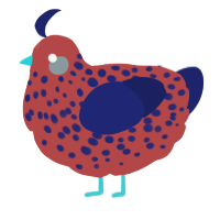 A red and navy chicken with a speckle pattern