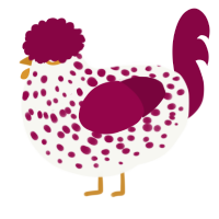 A white and maroon chicken with a speckle pattern