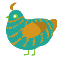 A turquoise and ochre chicken with a bar pattern