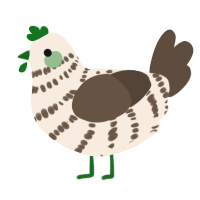A cream and bark chicken with a bar pattern
