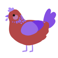 A red and blurple chicken with a neck-speckle pattern