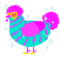A turquoise and orchid chicken with a bar pattern