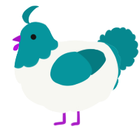 A white and teal chicken with a head pattern