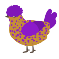 A gold and violet chicken with a speckle pattern