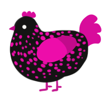 A black and fuchsia chicken with a speckle pattern