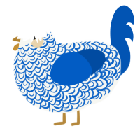 Porcelain, a white and ultramarine chicken with a double-lace pattern