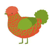 A vermilion and chartreuse chicken with a lace pattern