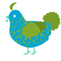 A cerulean and chartreuse chicken with a speckle pattern