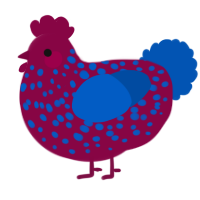 A maroon and ultramarine chicken with a speckle pattern