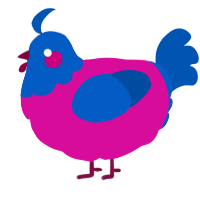 A fuchsia and ultramarine chicken with a head pattern