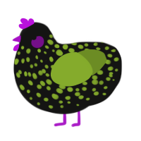 A black and chartreuse chicken with a speckle pattern