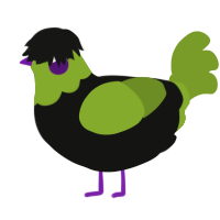 A black and chartreuse chicken with a head pattern