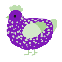 A violet and gluppy chicken with a speckle pattern