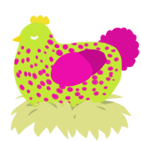 A lime and fuchsia chicken with a speckle pattern