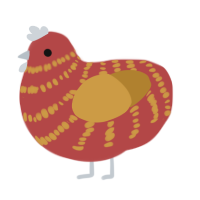 A red and gold chicken with a bar pattern