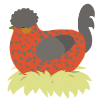 A vermilion and grey chicken with a speckle pattern