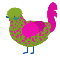A chartreuse and fuchsia chicken with a speckle pattern