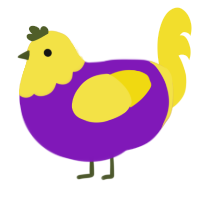 Wario, a violet and yellow chicken with a head pattern