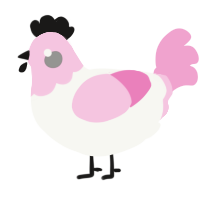 A white and pink chicken with a head pattern