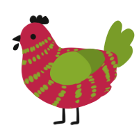 A crimson and chartreuse chicken with a bar pattern