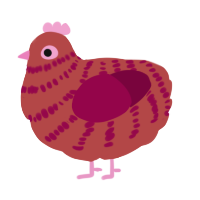 A red and maroon chicken with a bar pattern