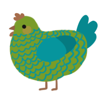 A chartreuse and teal chicken with a lace pattern
