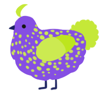 A blurple and lime chicken with a speckle pattern