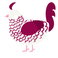 A white and maroon chicken with a lace pattern