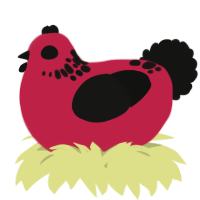 A crimson and black chicken with a neck-speckle pattern