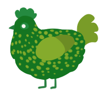 A leaf and chartreuse chicken with a speckle pattern