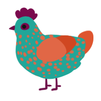A turquoise and vermilion chicken with a speckle pattern