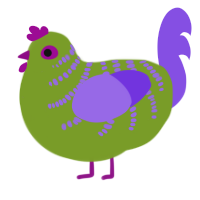 A chartreuse and blurple chicken with a half-bar pattern