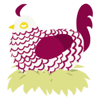 A white and maroon chicken with a lace pattern