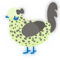 A apple and grey chicken with a speckle pattern