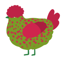 A chartreuse and crimson chicken with a speckle pattern
