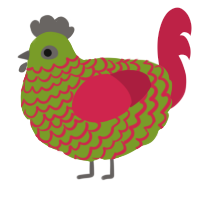A chartreuse and crimson chicken with a lace pattern