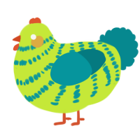 A lime and teal chicken with a bar pattern