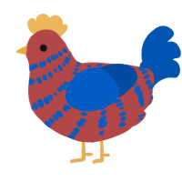 A red and ultramarine chicken with a bar pattern